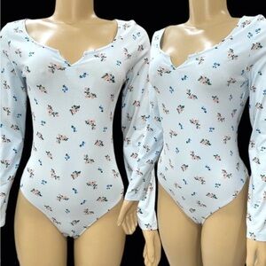 Victoria Secret PINK cotton long sleeve notched v neck Bodysuit light blue